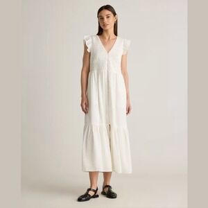 NEW Quince Small Smocked V-Neck Midi Dress Ruffle Sleeve Textured Organic Cotton